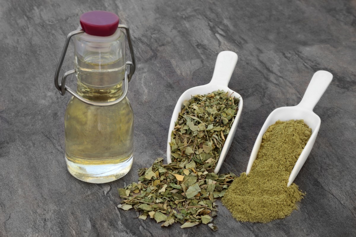 A Moringa está disponível em várias formas e combinações. Fonte: Getty Images Diferentes formas de moringa: óleo numa garrafa, partes picadas numa colher, moída numa colher
