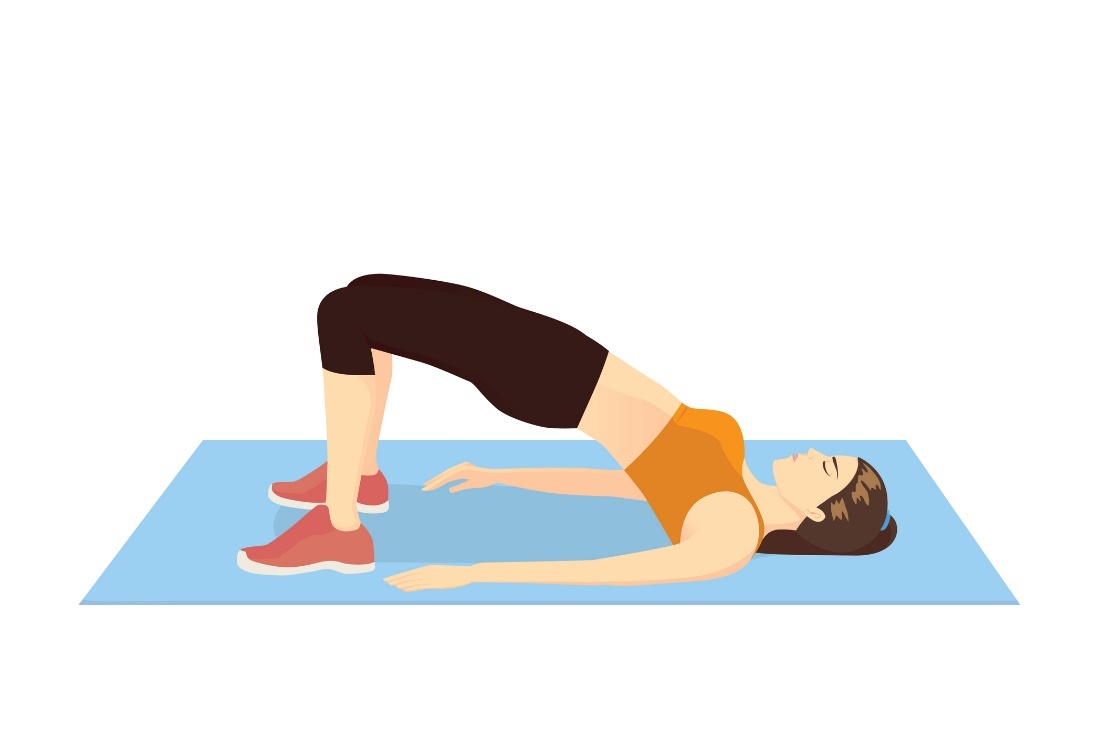 Ponte glútea com ativação dos músculos glúteos, da parede abdominal e do pavimento pélvico: Getty Images Ponte glútea com ativação dos músculos glúteos, da parede abdominal e do pavimento pélvico.