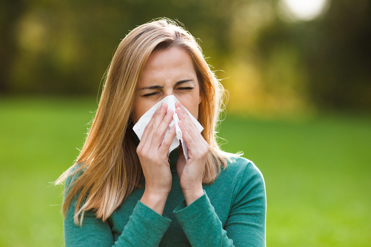 A febre dos fenos é uma forma de rinite alérgica. Fonte da foto: Getty Images Não infecciosa, rinite alérgica, a mulher no exterior está constipada, espirra