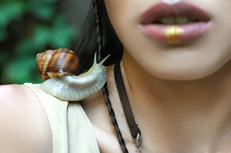Uma poção milagrosa de caracóis para combater as nódoas: Getty Images caracol no ombro da mulher
