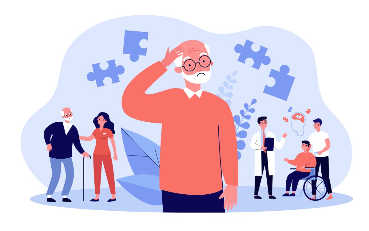 A doença de Alzheimer como representante das doenças neurodegenerativas: Getty Images A doença de Alzheimer como causa de confusão e de perturbações da memória, animação de um homem que está desorientado e não se consegue lembrar.
