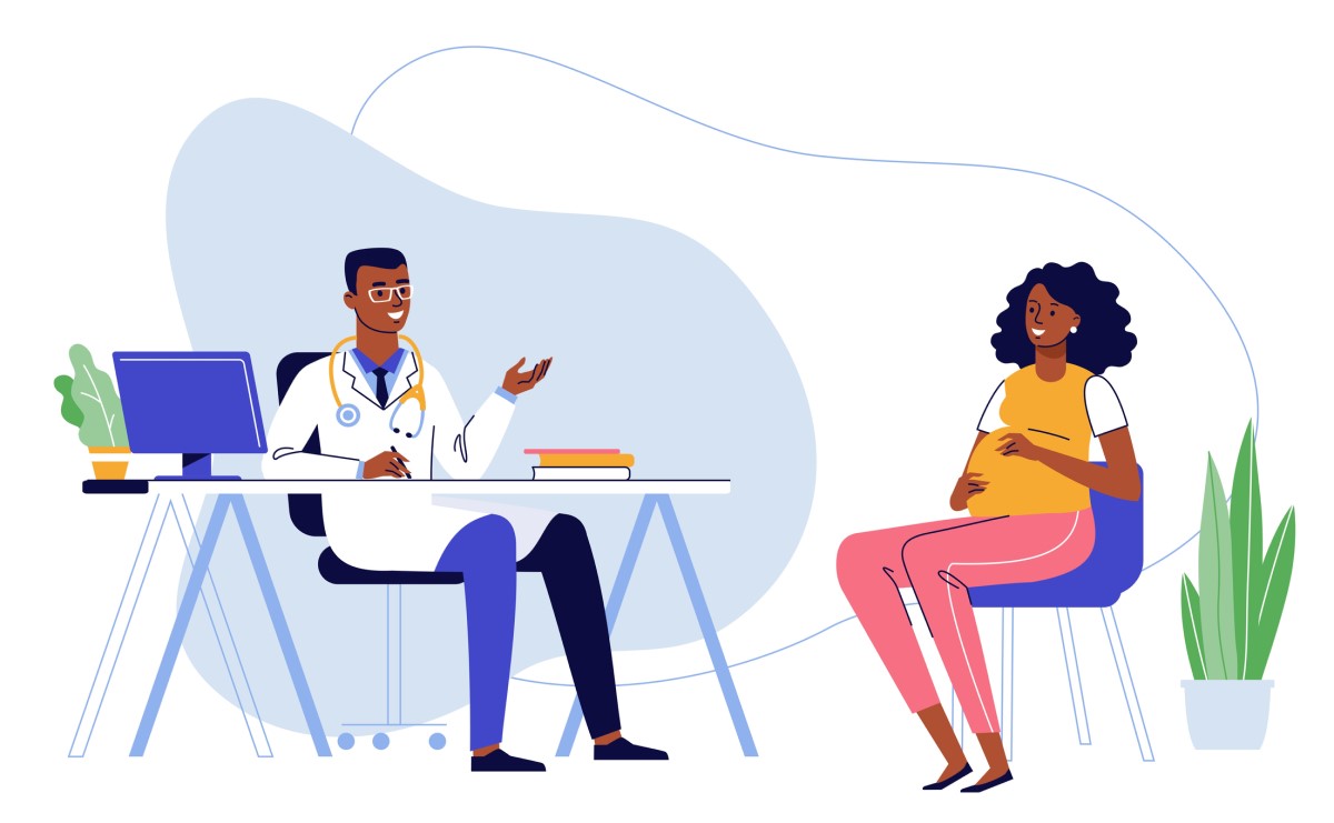 Durante a gravidez, recomenda-se a realização de exames para detetar qualquer problema de saúde: Getty Images Animação de um exame ginecológico - uma mulher grávida sentada num consultório médico