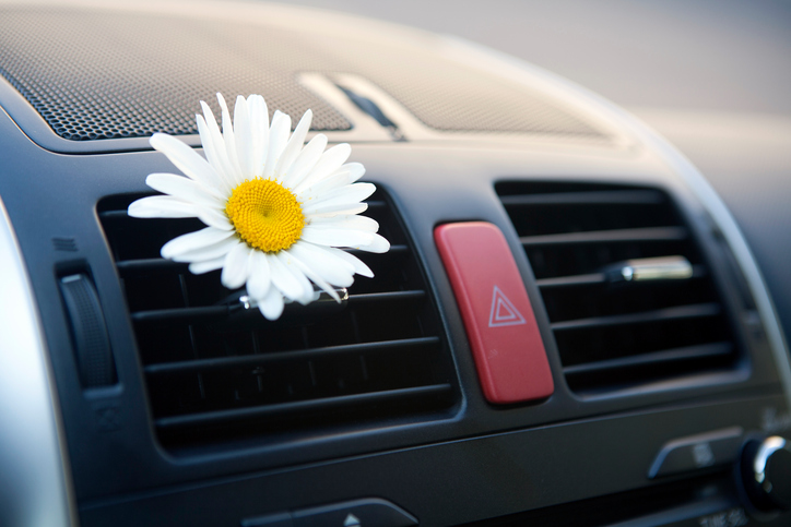 Pense na manutenção regular. Fonte: Getty Images Ar condicionado no carro, exaustão de ar, flor, aroma agradável, manutenção