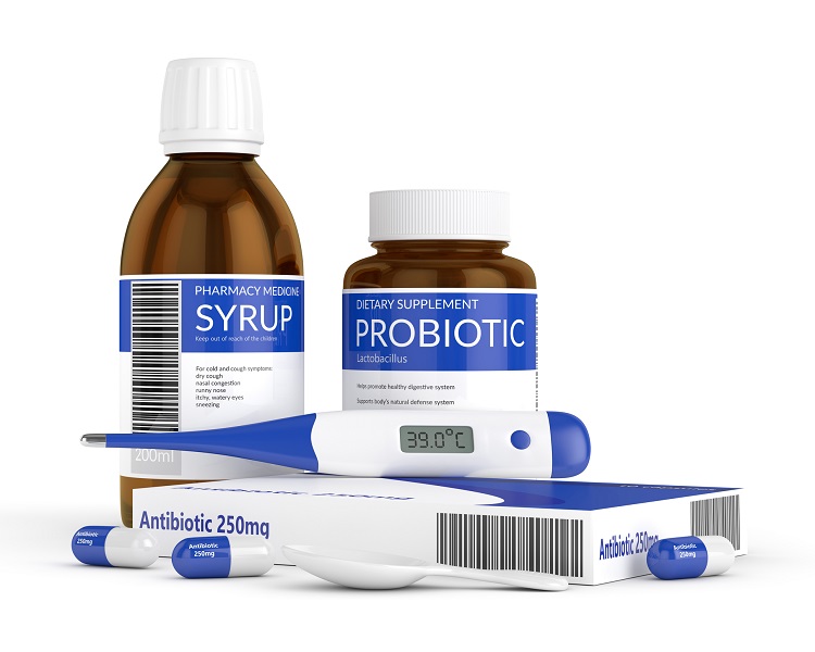 Tenha em atenção o rótulo do produto que indica que a atividade e a eficácia da bactéria são garantidas enquanto o produto durar. Fonte: Thinkstock Frasco com antibióticos, probióticos, termómetro