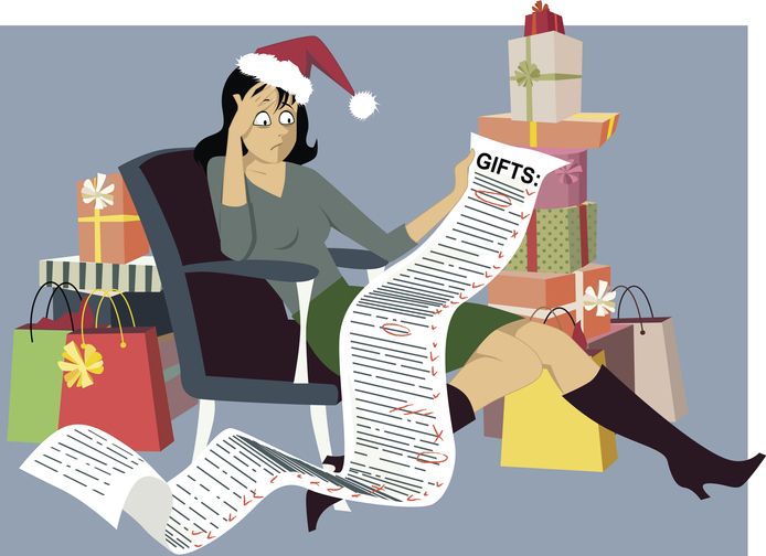 A lista de dadores não é o único fator que esgota as nossas energias: Getty Images A animação mostra uma mulher stressada com as compras de Natal