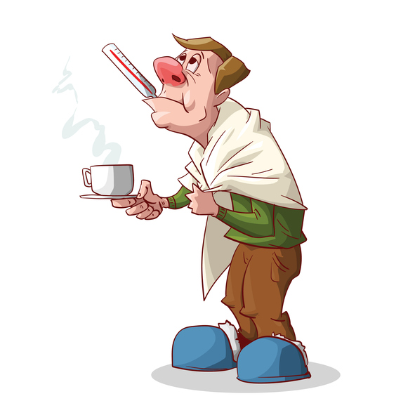 Fonte: Pixabay um homem com gripe e constipação, com um termómetro na boca, segurando uma chávena