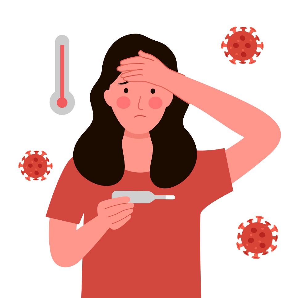 Animação de uma mulher a medir a temperatura com um termómetro