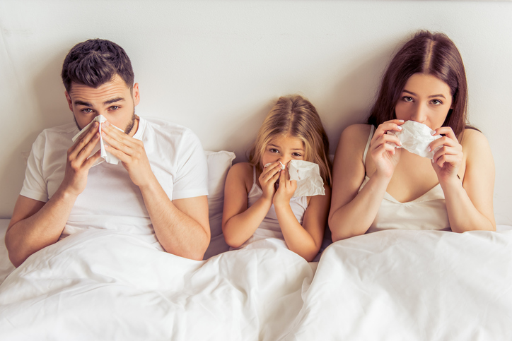 A gripe é altamente infecciosa, a constipação é um sintoma: Getty Images A família, ou seja, o pai, a mãe e a filha estão deitados na cama, com o nariz entupido, constipados, devido a uma doença, por exemplo, a gripe