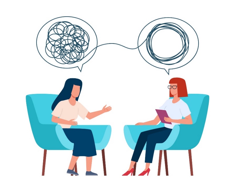 A psicoterapia e a entrevista terapêutica: concepções de terapia e desenvolvimento psicológico. Fonte: Getty Images Psicoterapia e conversa com o terapeuta. Animação de mulheres sentadas em bancos