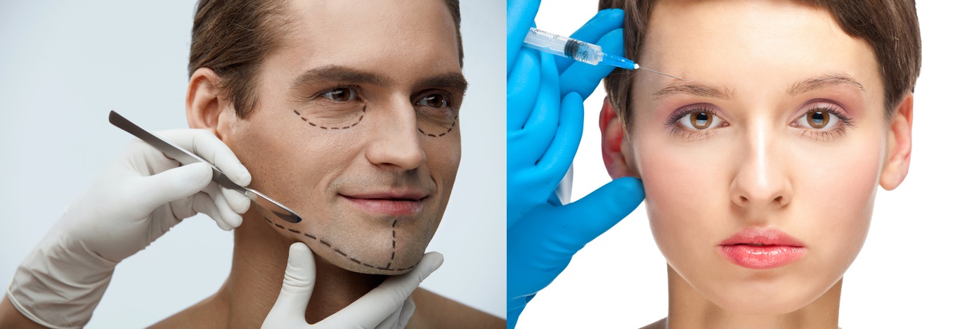 Existem várias causas, sem diferença significativa entre homens e mulheres. Fonte foto: Getty Images Rosto masculino e feminino como exemplo de assimetria facial e a necessidade de cirurgia plástica e a condição após a injeção de Botox